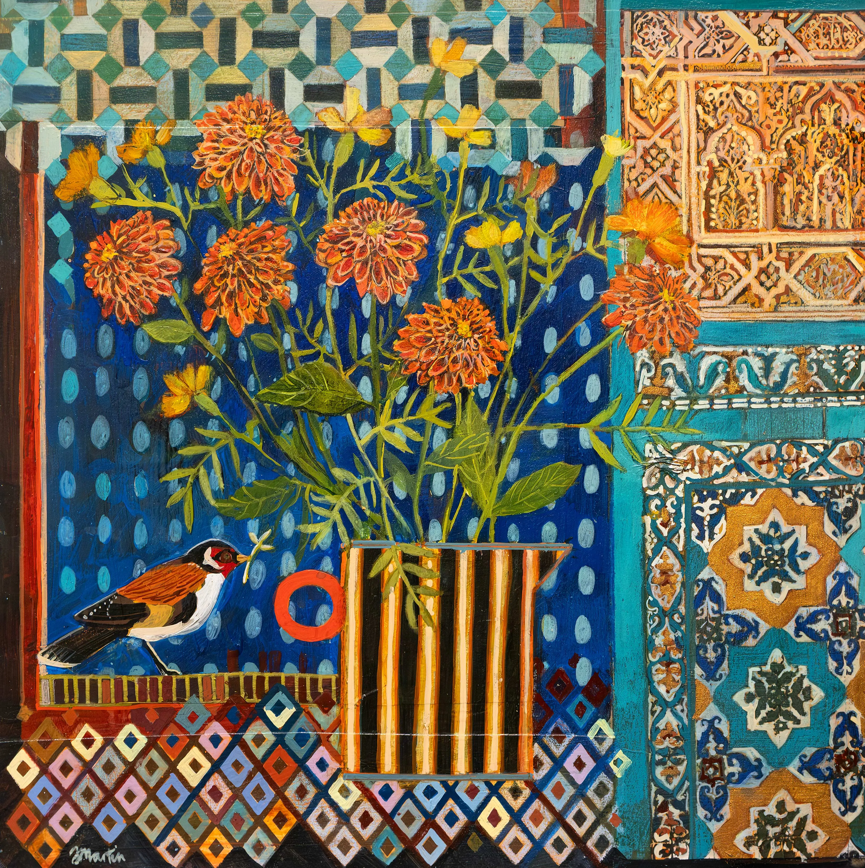 Dahlias and Goldfinch