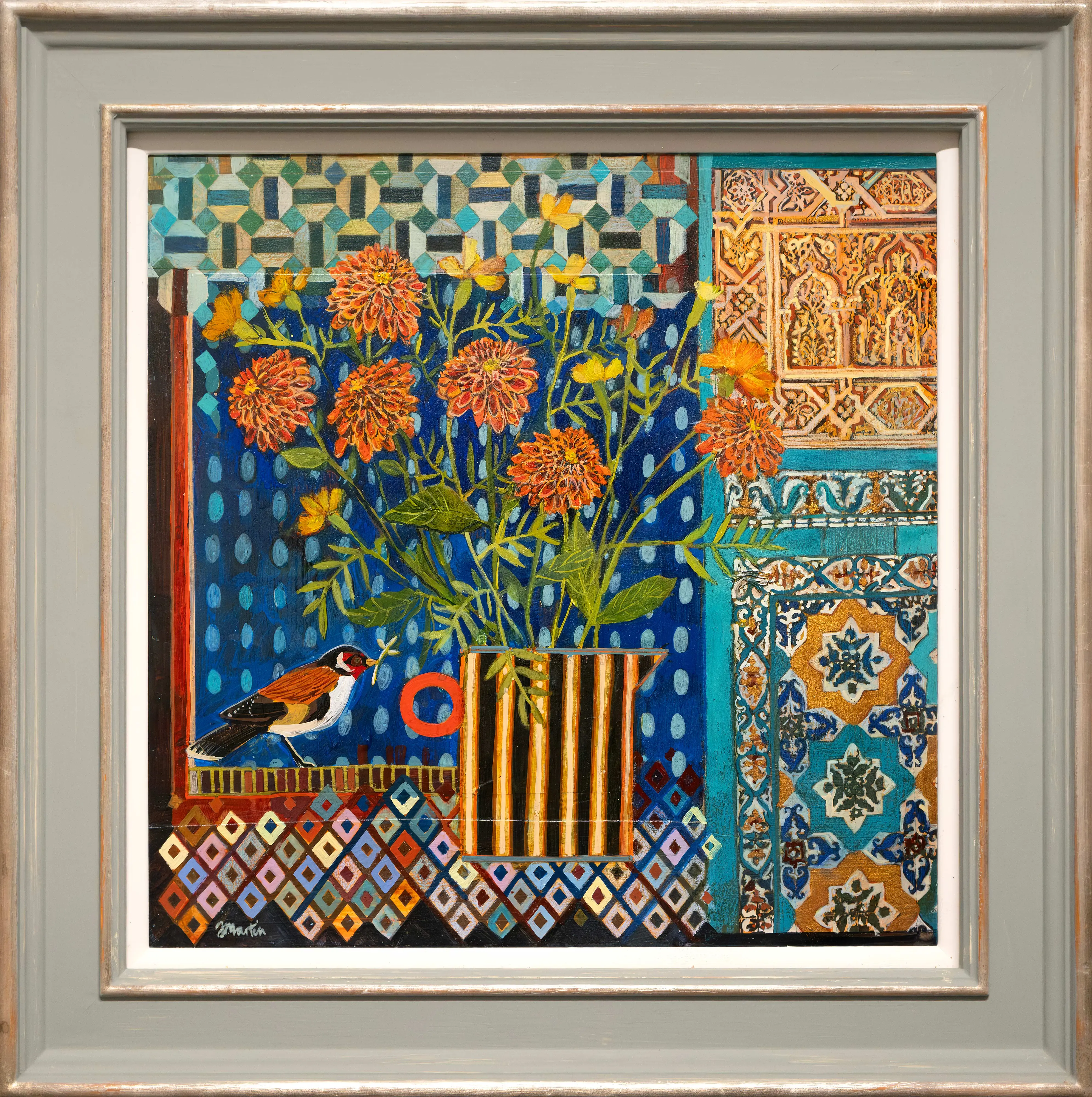 Dahlias and Goldfinch